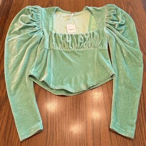 Seafoam Velvet Ruched Long Sleeve Crop Top